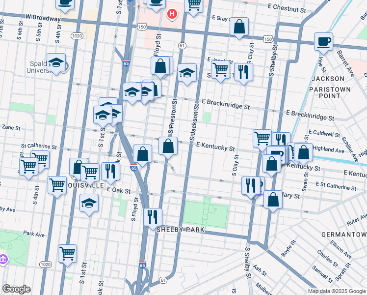 map of restaurants, bars, coffee shops, grocery stores, and more near 443 East Kentucky Street in Louisville