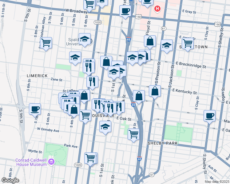 map of restaurants, bars, coffee shops, grocery stores, and more near 2 South 1st Street in Louisville