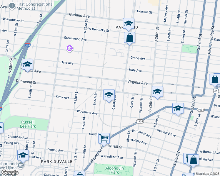 map of restaurants, bars, coffee shops, grocery stores, and more near 2920 Virginia Avenue in Louisville