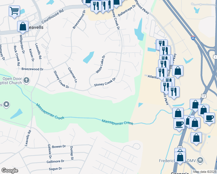 map of restaurants, bars, coffee shops, grocery stores, and more near 6 Dapple Gray Court in Fredericksburg