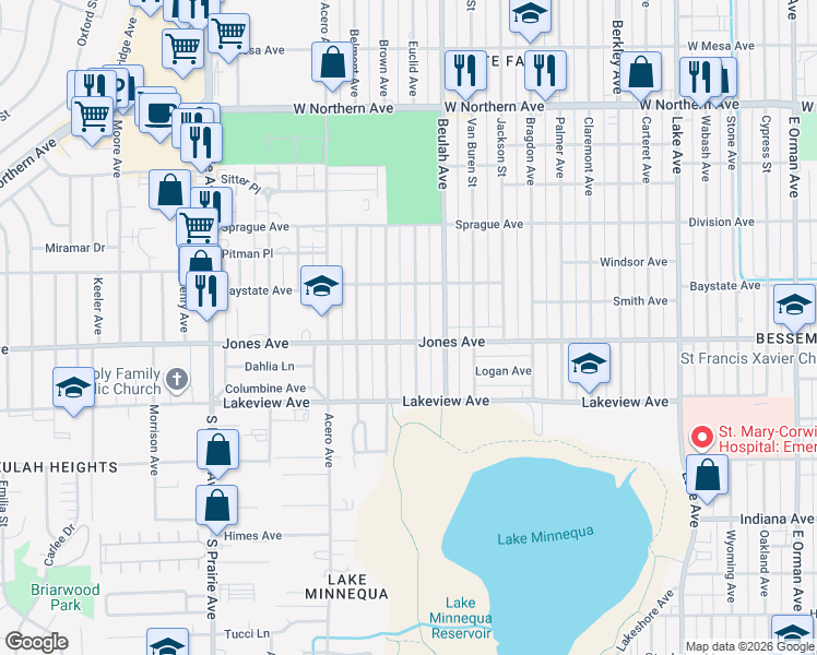 map of restaurants, bars, coffee shops, grocery stores, and more near 1712 Euclid Avenue in Pueblo
