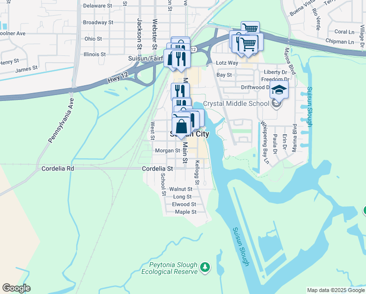 map of restaurants, bars, coffee shops, grocery stores, and more near 710 Suisun Street in Suisun City