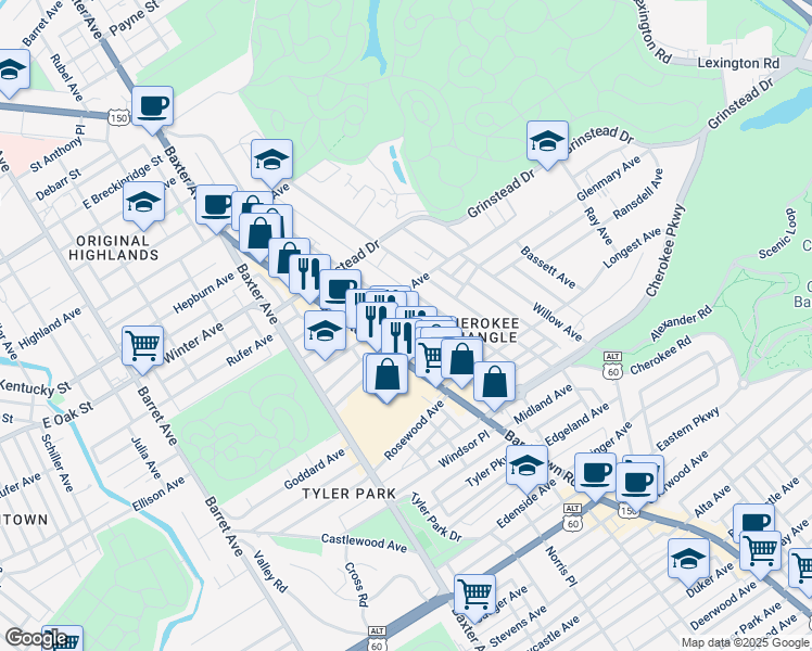 map of restaurants, bars, coffee shops, grocery stores, and more near 1224 Cherokee Road in Louisville