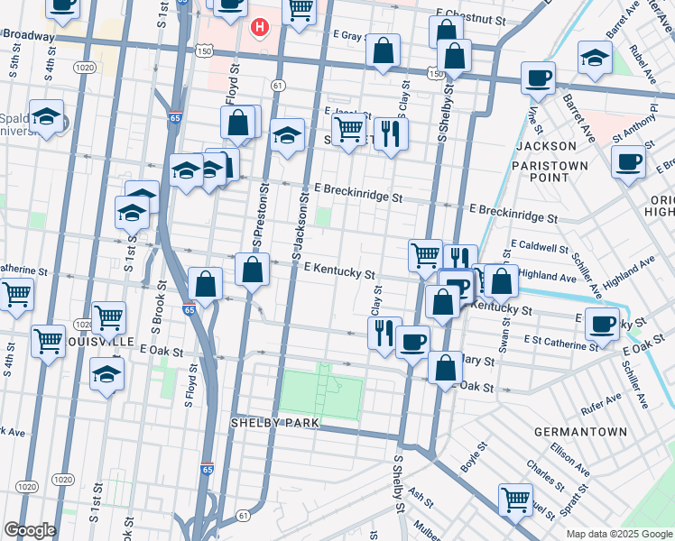 map of restaurants, bars, coffee shops, grocery stores, and more near South Hancock Street in Louisville