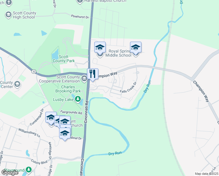 map of restaurants, bars, coffee shops, grocery stores, and more near Falls Creek Drive in Georgetown