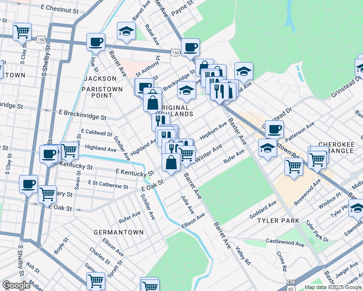map of restaurants, bars, coffee shops, grocery stores, and more near 1322 Highland Avenue in Louisville