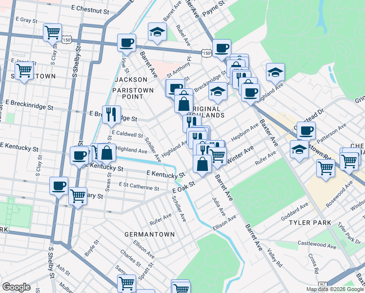 map of restaurants, bars, coffee shops, grocery stores, and more near 1196 Innis Court in Louisville