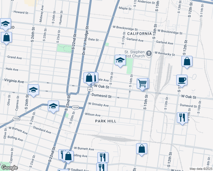 map of restaurants, bars, coffee shops, grocery stores, and more near 1724 Hale Avenue in Louisville