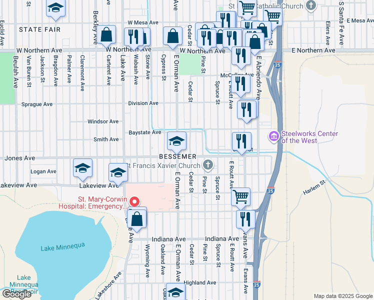 map of restaurants, bars, coffee shops, grocery stores, and more near 1614 East Orman Avenue in Pueblo