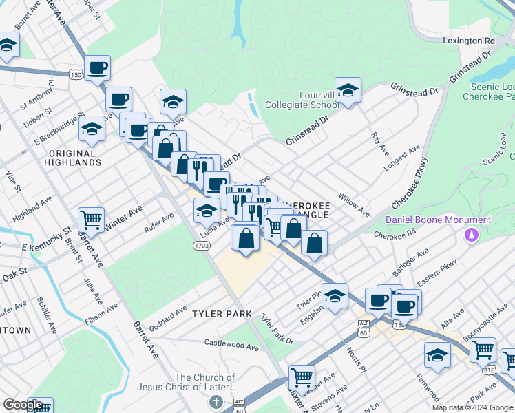 map of restaurants, bars, coffee shops, grocery stores, and more near 1206 Cherokee Road in Louisville