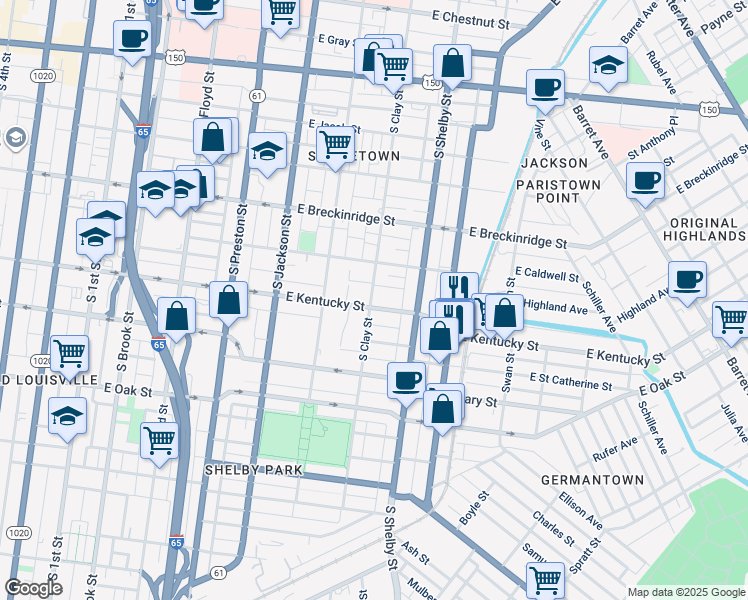 map of restaurants, bars, coffee shops, grocery stores, and more near 952 South Clay Street in Louisville