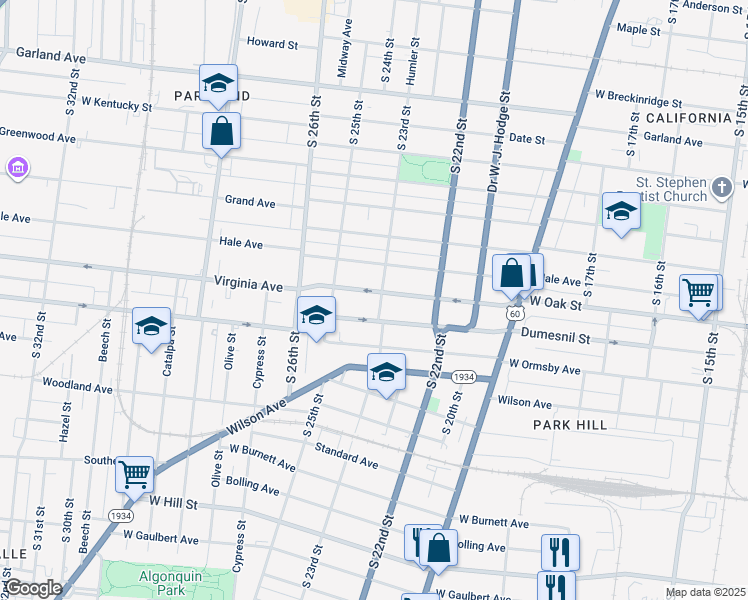 map of restaurants, bars, coffee shops, grocery stores, and more near 1171 South 23rd Street in Louisville