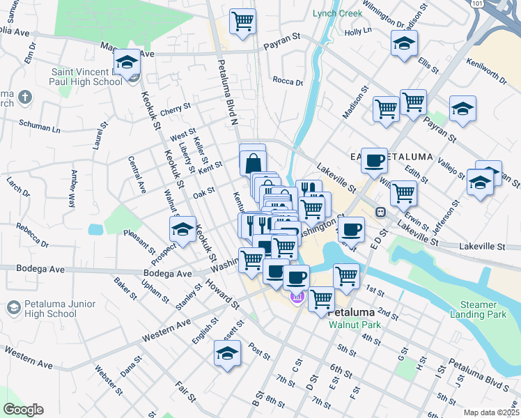 map of restaurants, bars, coffee shops, grocery stores, and more near 302 Petaluma Blvd N in Petaluma