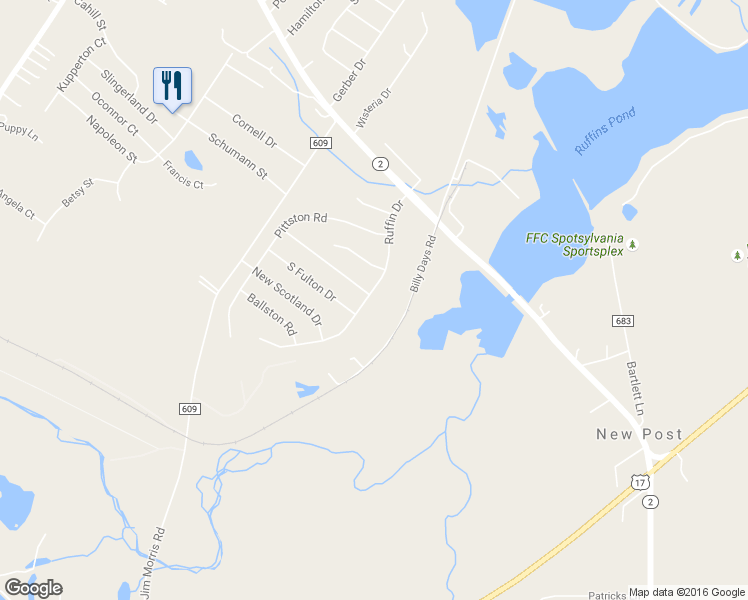 map of restaurants, bars, coffee shops, grocery stores, and more near 2510 Ruffin Drive in Fredericksburg