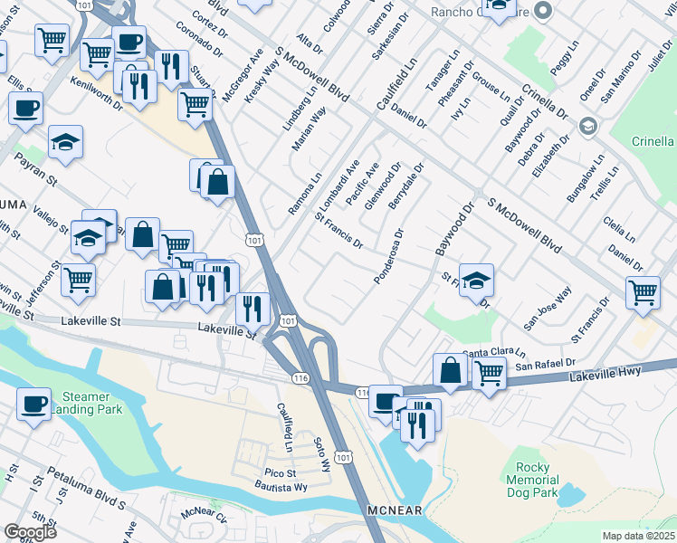 map of restaurants, bars, coffee shops, grocery stores, and more near 1137 Gumwood Lane in Petaluma