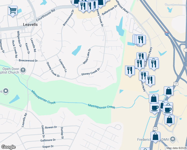 map of restaurants, bars, coffee shops, grocery stores, and more near 6 Dapple Gray Court in Fredericksburg