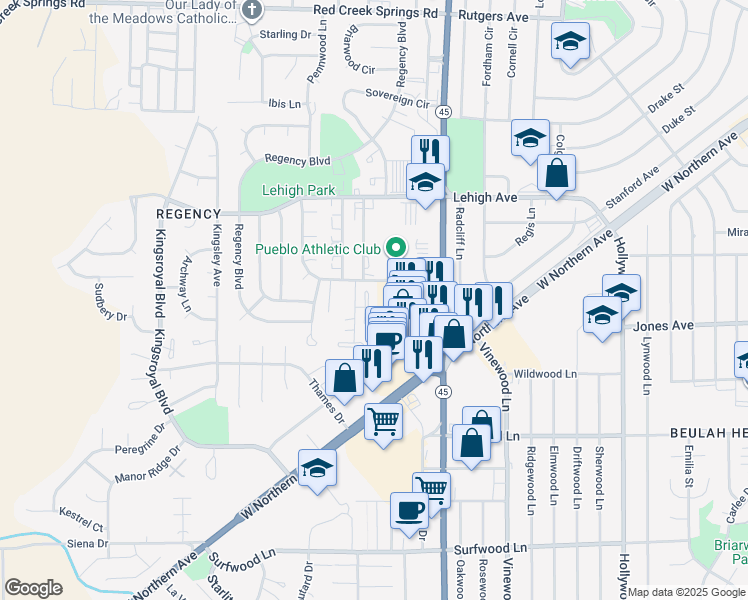 map of restaurants, bars, coffee shops, grocery stores, and more near 10 Nona Brooks Drive in Pueblo