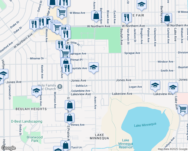 map of restaurants, bars, coffee shops, grocery stores, and more near 1745 Acero Avenue in Pueblo