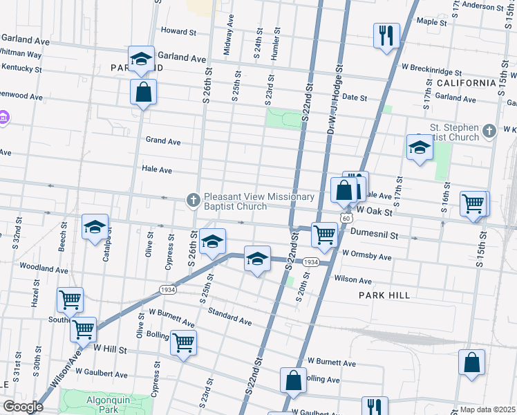 map of restaurants, bars, coffee shops, grocery stores, and more near 2238 West Oak Street in Louisville