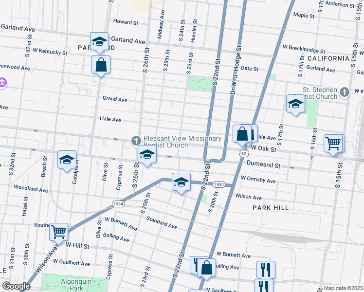 map of restaurants, bars, coffee shops, grocery stores, and more near 2238 West Oak Street in Louisville