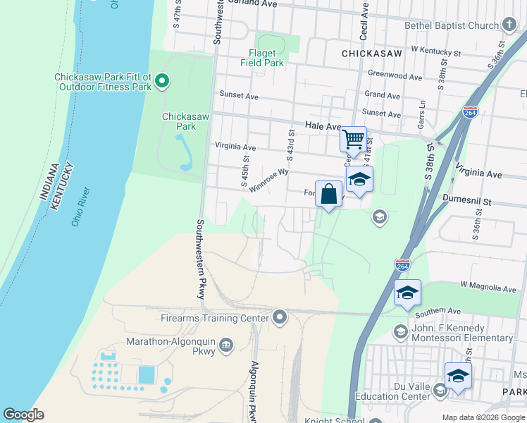map of restaurants, bars, coffee shops, grocery stores, and more near 1304 Fairland Place in Louisville