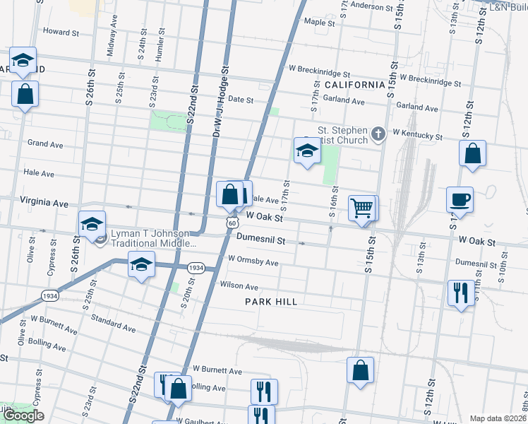 map of restaurants, bars, coffee shops, grocery stores, and more near 1724 Hale Avenue in Louisville