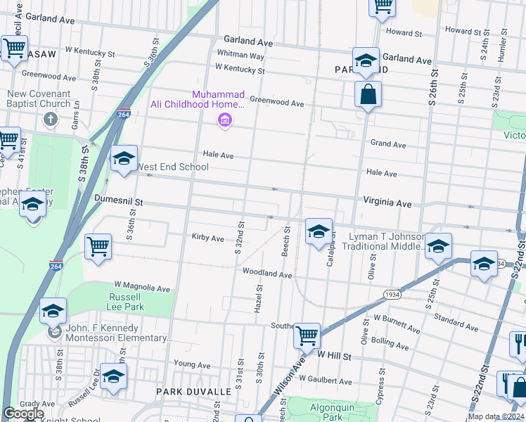 map of restaurants, bars, coffee shops, grocery stores, and more near 3103 Dumesnil Street in Louisville