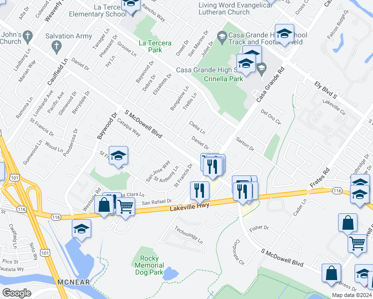 map of restaurants, bars, coffee shops, grocery stores, and more near 1124 Daniel Drive in Petaluma