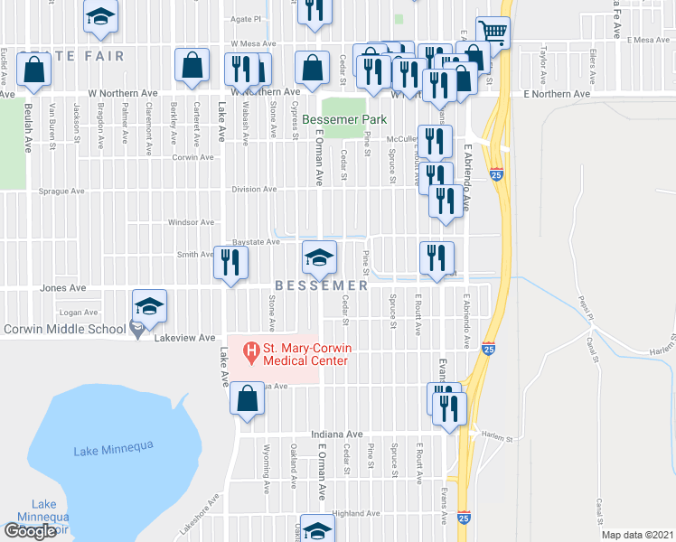 map of restaurants, bars, coffee shops, grocery stores, and more near 1614 East Orman Avenue in Pueblo