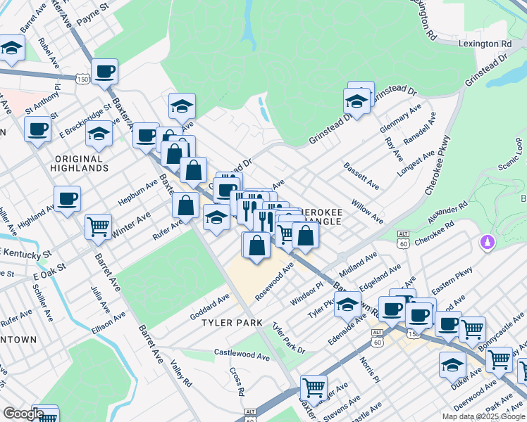 map of restaurants, bars, coffee shops, grocery stores, and more near 1206 Cherokee Road in Louisville