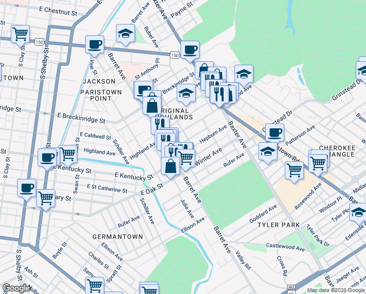 map of restaurants, bars, coffee shops, grocery stores, and more near 1322 Highland Avenue in Louisville