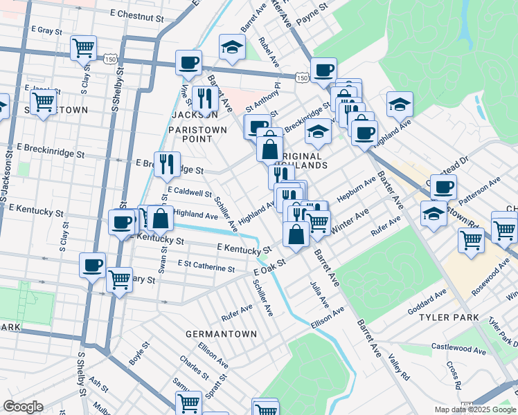 map of restaurants, bars, coffee shops, grocery stores, and more near 1196 Innis Court in Louisville
