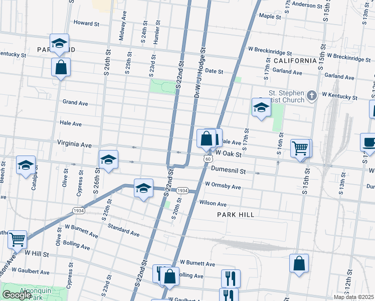 map of restaurants, bars, coffee shops, grocery stores, and more near 1832 Hale Avenue in Louisville