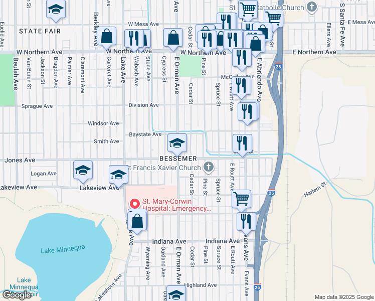 map of restaurants, bars, coffee shops, grocery stores, and more near 1633 Cedar Street in Pueblo