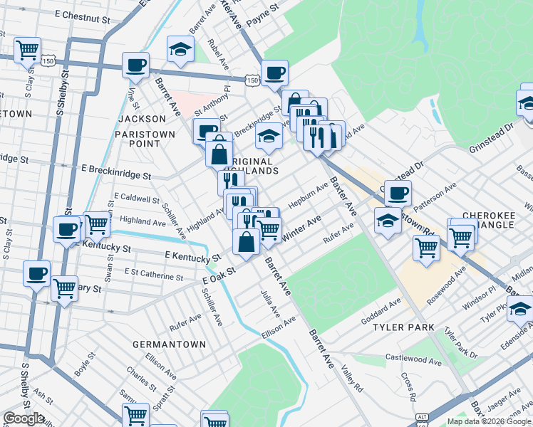 map of restaurants, bars, coffee shops, grocery stores, and more near 1322 Highland Avenue in Louisville