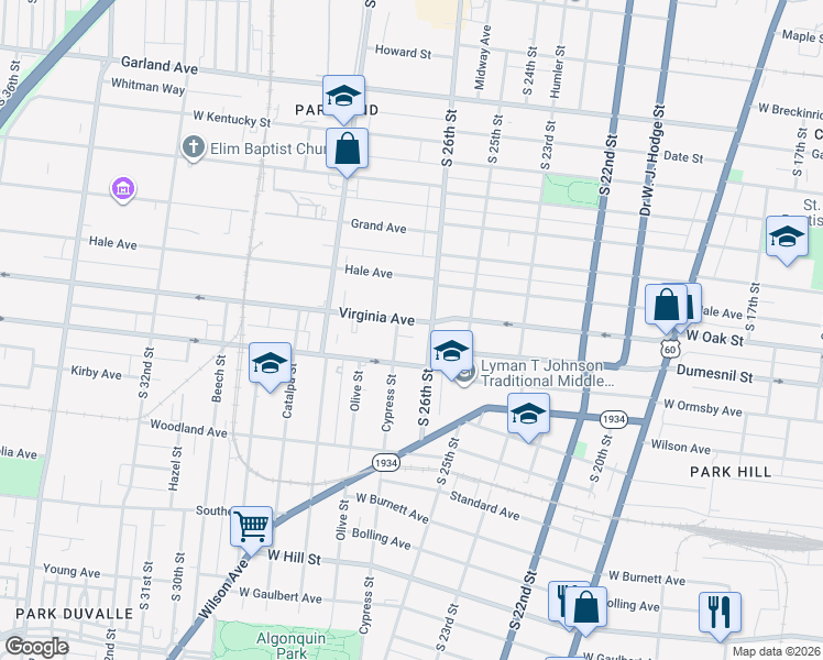 map of restaurants, bars, coffee shops, grocery stores, and more near 2615 Virginia Avenue in Louisville