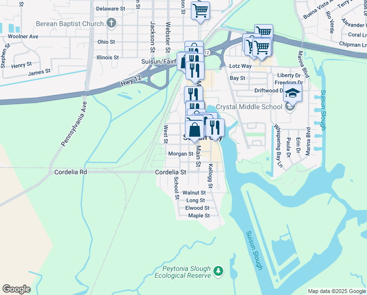 map of restaurants, bars, coffee shops, grocery stores, and more near 307 California Street in Suisun City