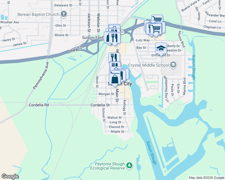 map of restaurants, bars, coffee shops, grocery stores, and more near 710 Suisun Street in Suisun City
