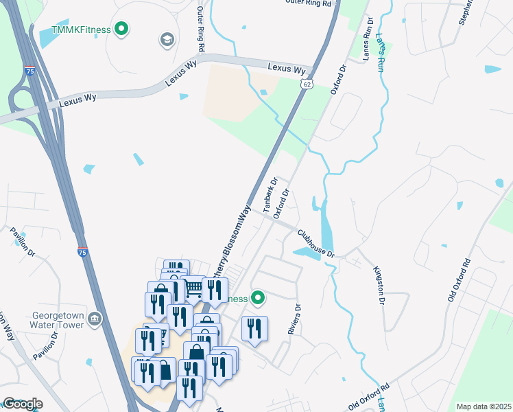 map of restaurants, bars, coffee shops, grocery stores, and more near 101 Timberland Way in Georgetown