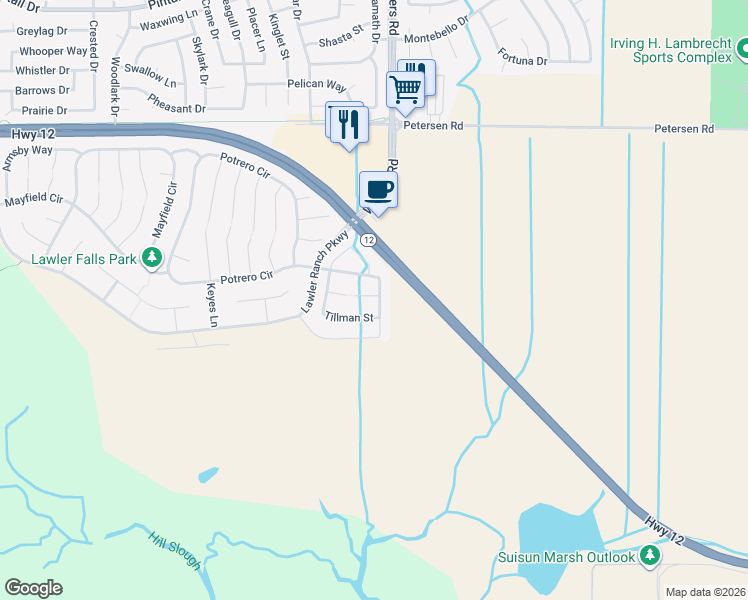 map of restaurants, bars, coffee shops, grocery stores, and more near 264 Potrero Street in Suisun City