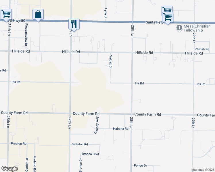 map of restaurants, bars, coffee shops, grocery stores, and more near 27641 Iris Road in Pueblo