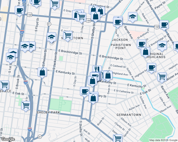 map of restaurants, bars, coffee shops, grocery stores, and more near 943 South Shelby Street in Louisville