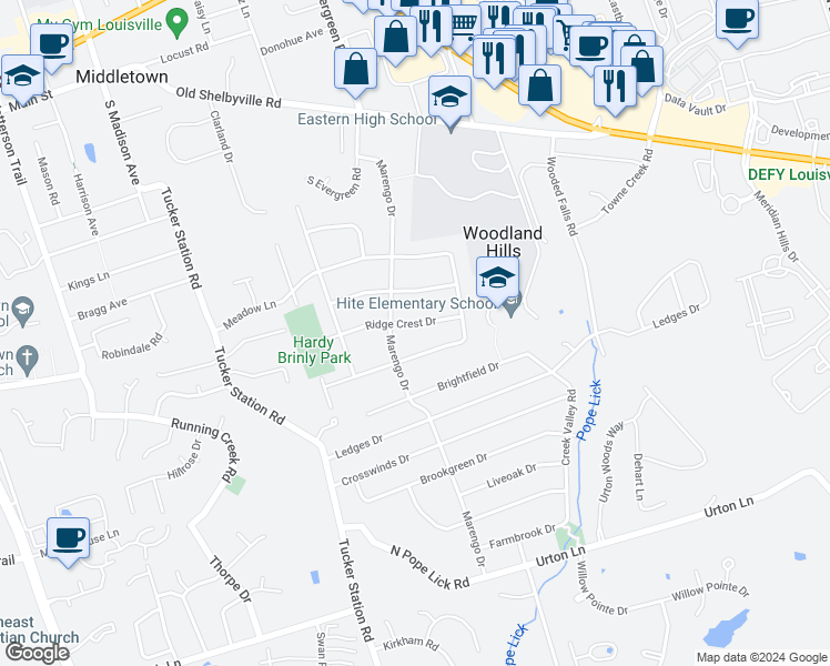 map of restaurants, bars, coffee shops, grocery stores, and more near 12304 Ridge Crest Drive in Louisville