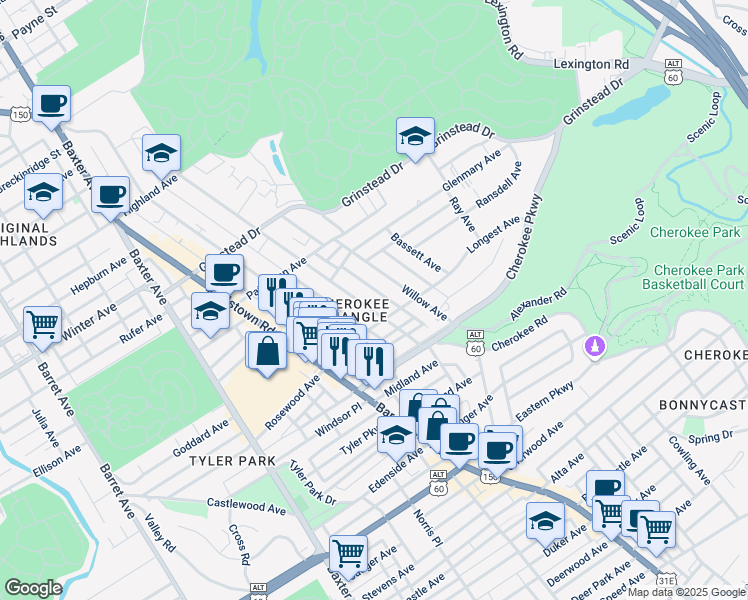 map of restaurants, bars, coffee shops, grocery stores, and more near 1278 Willow Avenue in Louisville