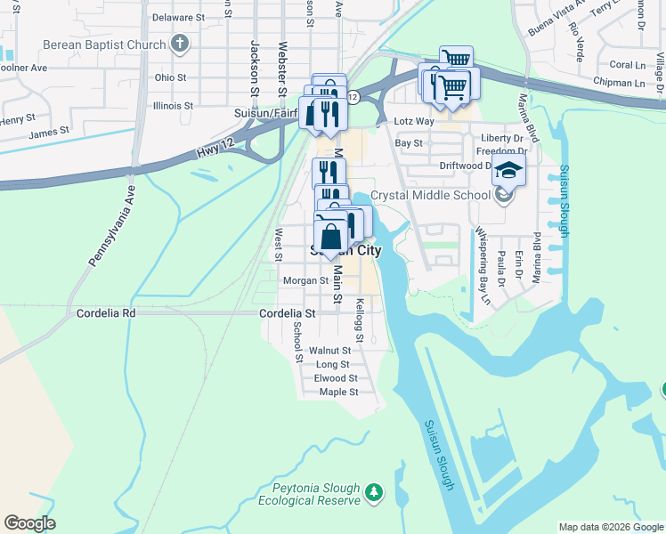 map of restaurants, bars, coffee shops, grocery stores, and more near 710 Suisun Street in Suisun City