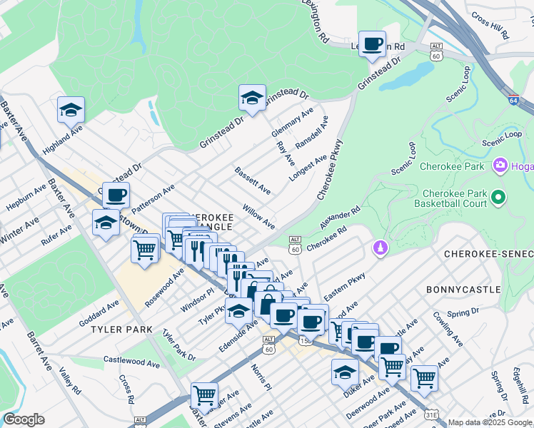 map of restaurants, bars, coffee shops, grocery stores, and more near 2324 Longest Avenue in Louisville