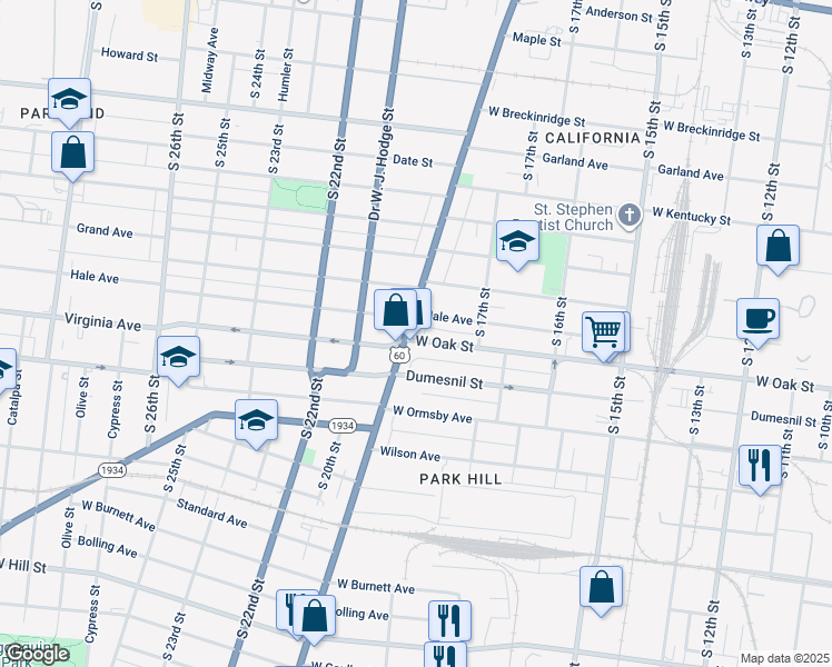 map of restaurants, bars, coffee shops, grocery stores, and more near 1157 U.S. 60 in Louisville