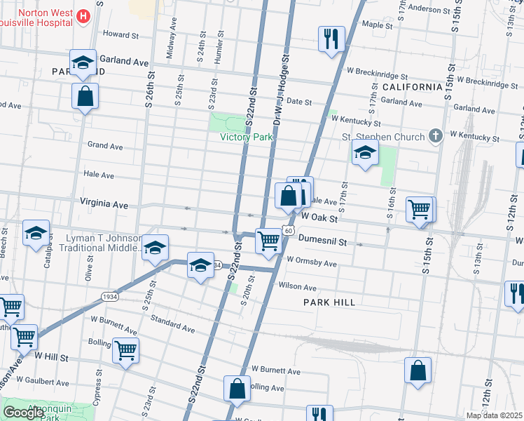 map of restaurants, bars, coffee shops, grocery stores, and more near 1832 Hale Avenue in Louisville