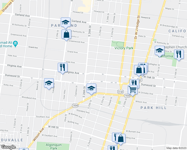 map of restaurants, bars, coffee shops, grocery stores, and more near 2515 West Oak Street in Louisville