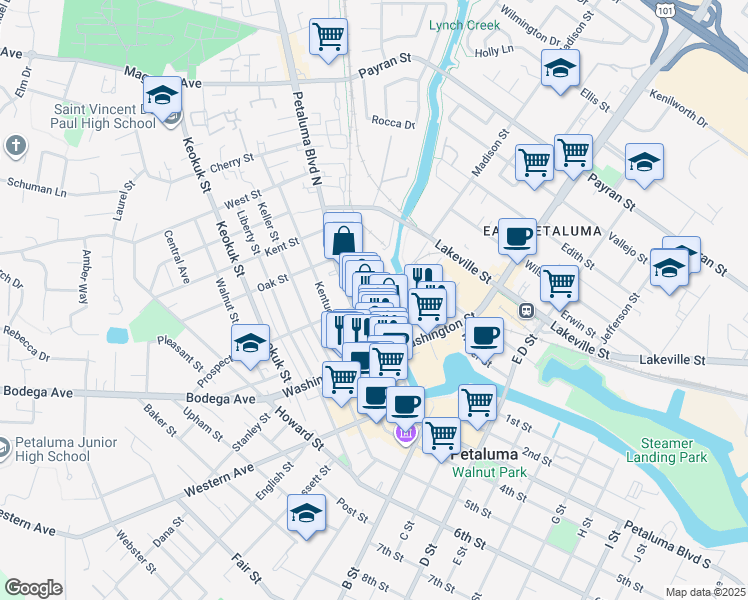 map of restaurants, bars, coffee shops, grocery stores, and more near 300 Water Street in Petaluma